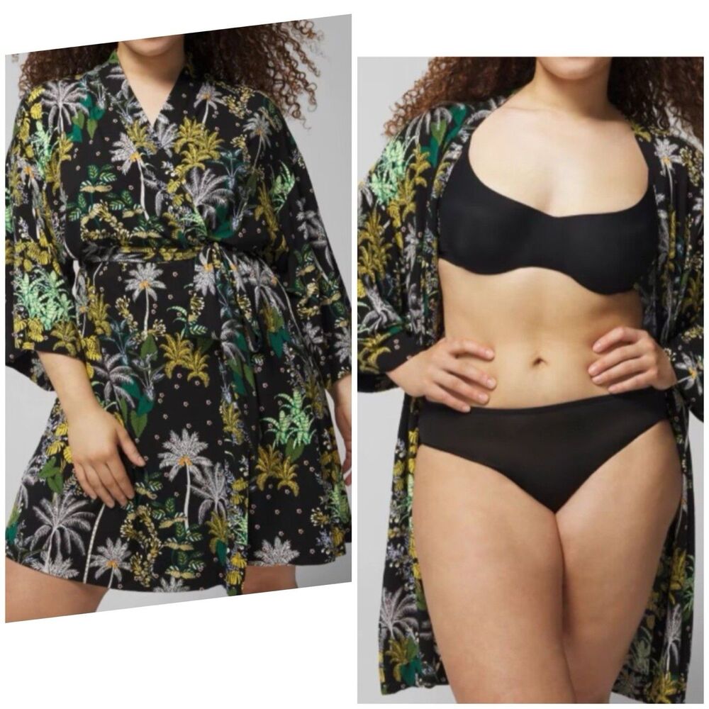 Soma Cool Nights Kimono Short Robe S/M Black Green Floral Palm Tree Tie Waist